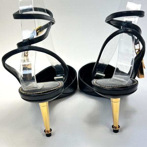 Tom Ford Padlock Black Leather Heels Women Pointed Toe Golden Kitty Heel Size 39 - Picture 6 of 13